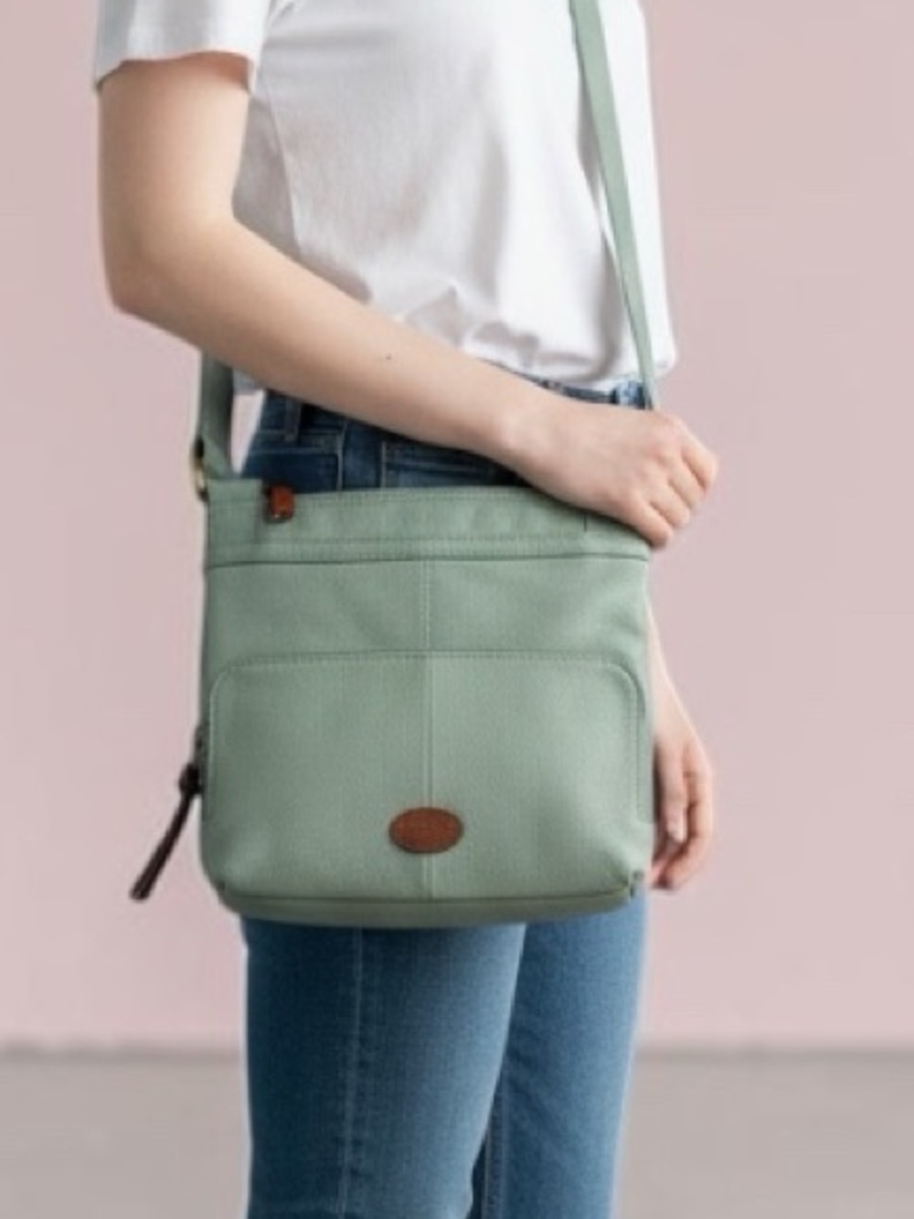 Fossil Sea Green Leather Crossbody with Brown Leather Trim